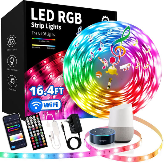 Smart RGB+IC 16.4Ft Led Strip Lights for Bedroom,Dream Color Led Lights 16 Million Colors with Voice,5050 Led Strips with Remote Wifi Strips Light for Bedroom,Room Patry Decor Christmas Gifts